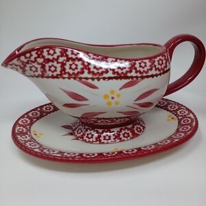 Temptations Old World Gravy Boat And Under Plate Red Pattern